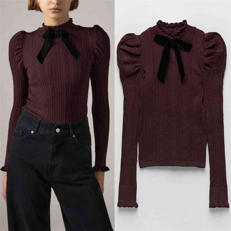 

Autumn Turtleneck Woman Jerseys Fashion Contrast Velvet Bow Long Sleeve Knitted Sweater Cutout Christmas 210519, Burgundy