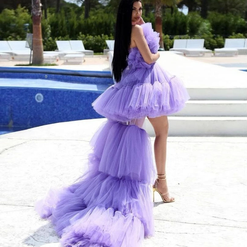 

Lavender Short Prom Dresses With Detachable Long Train Tiered Princess Birthday Evening Dress Puffy Two Ways Formal Gowns For Party High Low Vestidos, Champagne