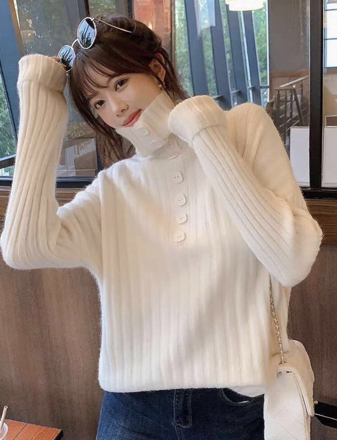 High Neck Imitation Cashmere Bottomed Sweater 2021 Autumn Winter Dress Button Push Collar Pit Strip Lap Pullover Women's