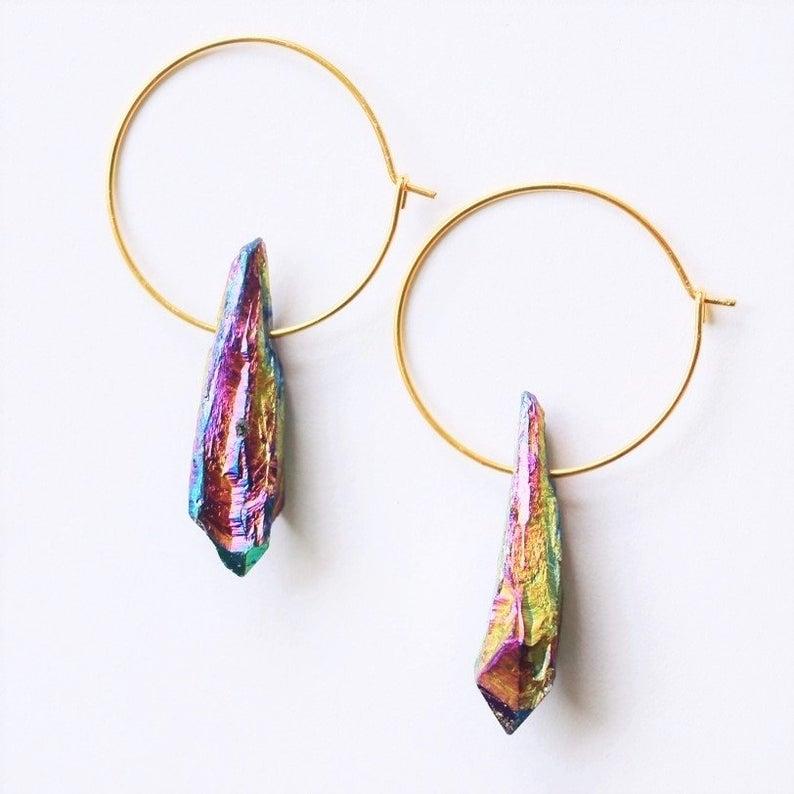 

Stud 10Pairs/Lot Natural Rainbow Quartz Crystal Long Point Beads Dangle Hook Earrings Women Gold Handmade Jewelry, Golden;silver