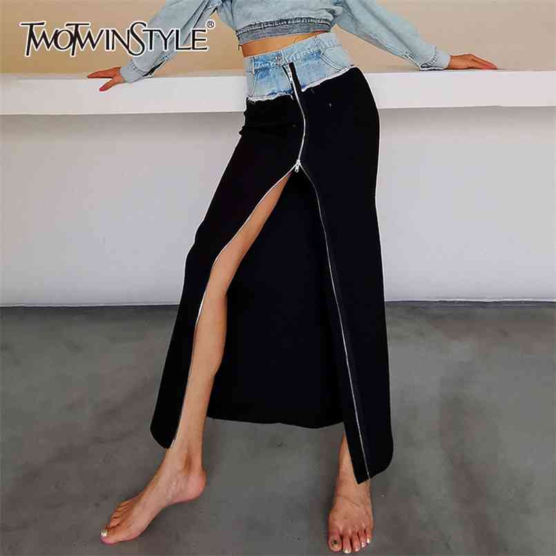 

Denim Patchwork Hit Color Skirt For Women High Waist Zipper Front Split Sexy Skirts Female Fashion Summer 210521, Aspictrue