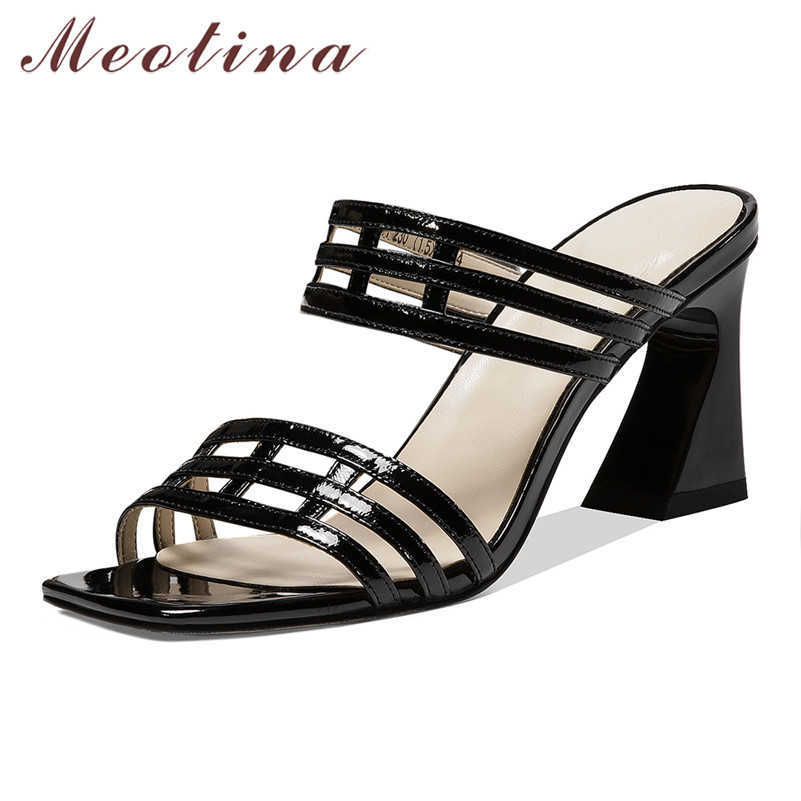 

Meotina Women Slippers Narrow Band Genuine Leather High Heels Slides Square Toe Strange Style Shoes Summer Sandals Ladies Beige 210608, Black