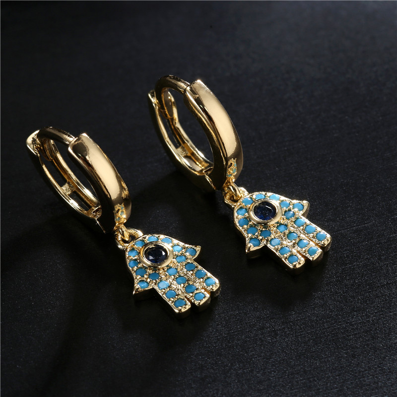 

Gold Plated Blue Turquoise Pave Fatima Hand Evil Eye Charm Huggie Earring Jewelry for Sale