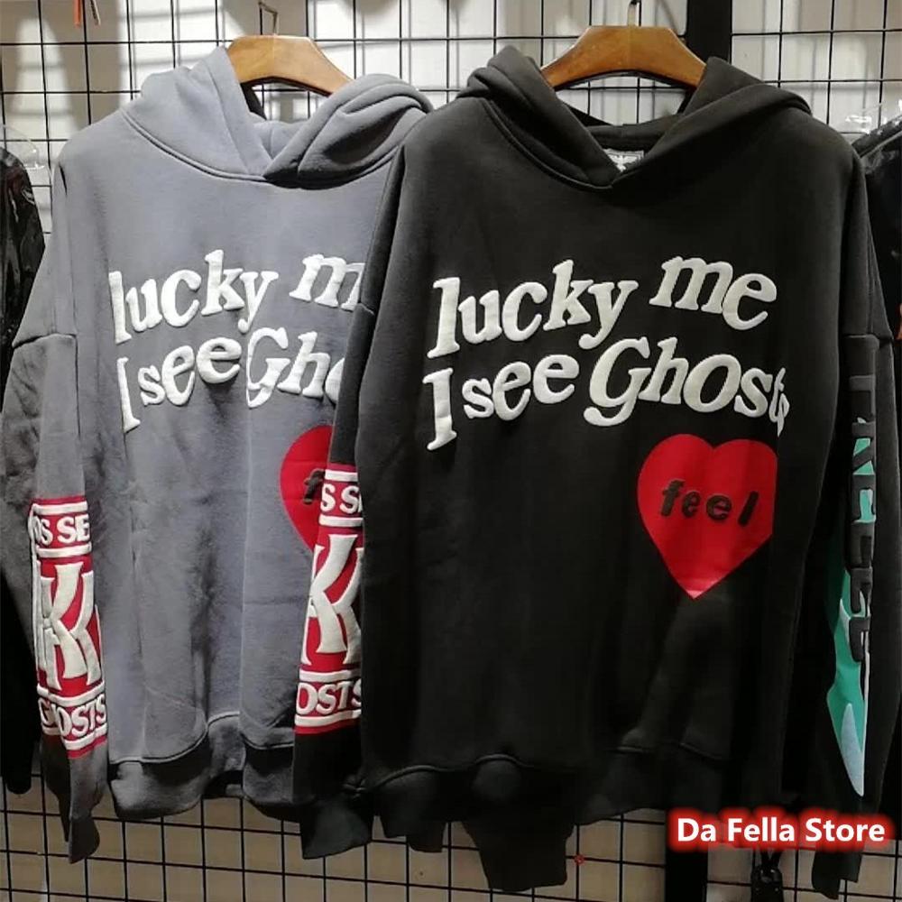 

Men's Hoodies & Sweatshirts Kanye West Lucky me i see ghosts Hoodie Red Heart Feel Kids Pullover Men Women Foam print 3D FEUM
