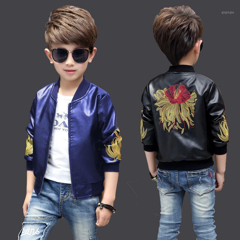 

Jackets 2021 Autumn Children's Clothes Boys Flower Long Sleeve PU Leather Boy For Big Kids Outerwears Coats 4-12Y, Blue;gray