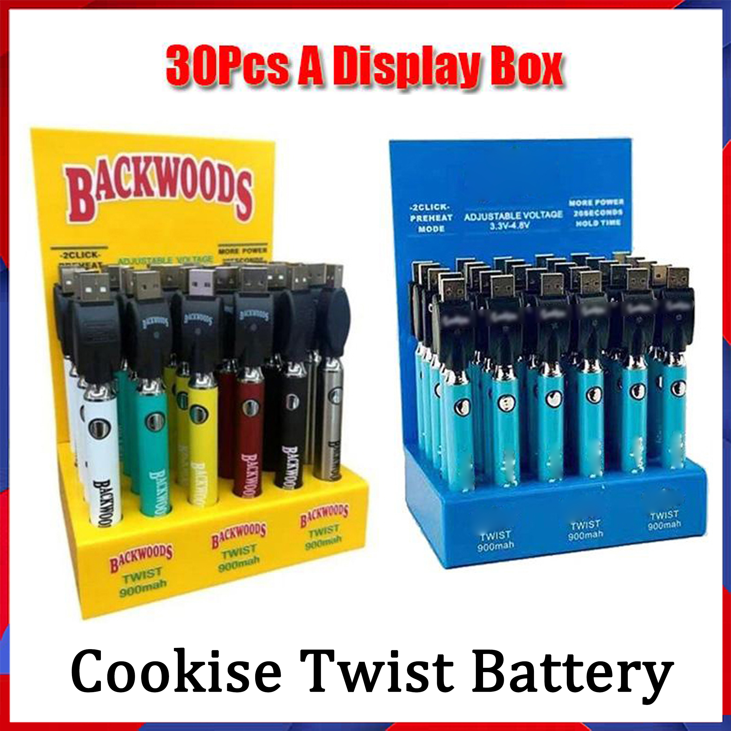 

Newest Cookies Backwoods Twist Preheat VV Battery 900mAh Bottom Voltage Adjustable Usb Charger Vape Pen For 510 Cartridges 30Pcs A Display