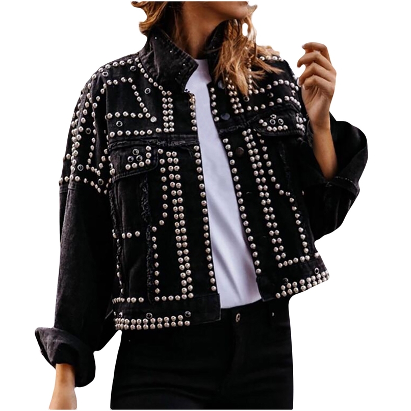 

Women Black Punk Jackets Fashion Beading Turndown Collar Coat Outwear Short Wash Denim Locomotive Wind Jacket 211109