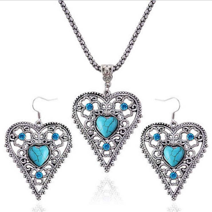 

women's Hollow heart Tibetan silver turquoise earrings necklace set GSTQS009 fashion gift national style women DIY jewelry sets, As show