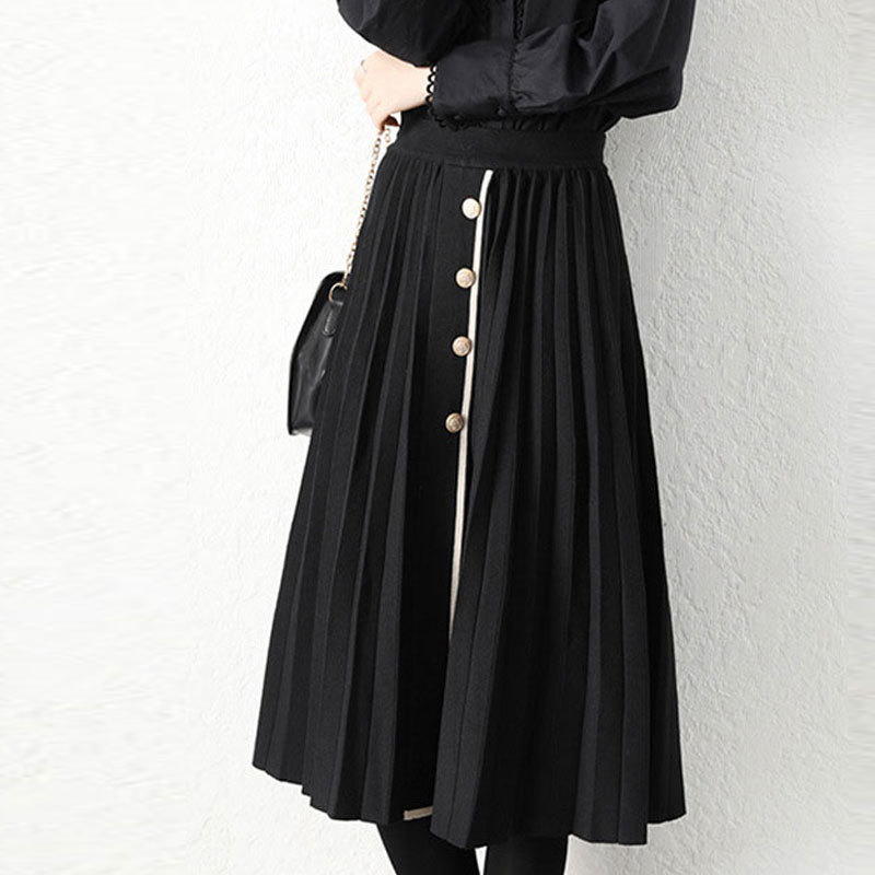 

Skirts Autumn Winter Skirt Women High Waist A-Line Pleated Womens Vintage Casual Button Elegant Femme Quality ZFVH, Apriot