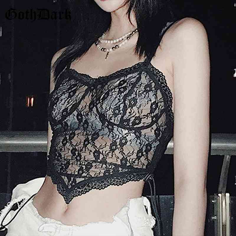

gothic and black women cami y2k mesh bandage e-girl floral lace transparant female camis summer crop, White