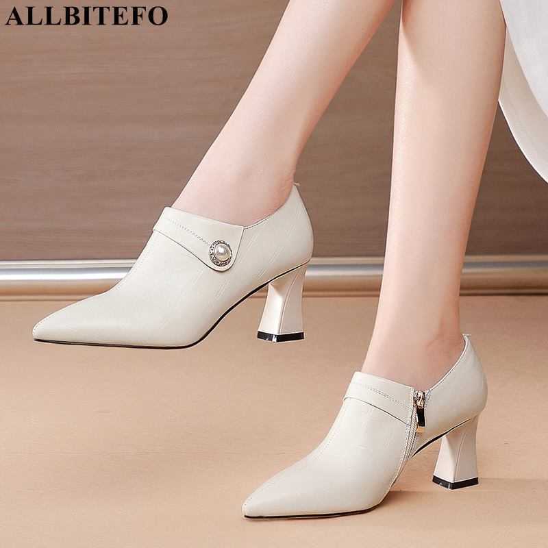 

ALLBITEFO size 34-42 bead design real genuine leather high heels white fashion street high heel shoes women pumps basic shoes 210611, As picture