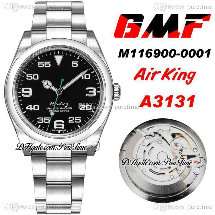 

GMF Air King M116900-0001 A3131 Automatic Mens Watch 904L Steel Black Dial Green Accents Bracelet 2021 40mm Super Edition No Date Watches Puretime, Slivery;brown