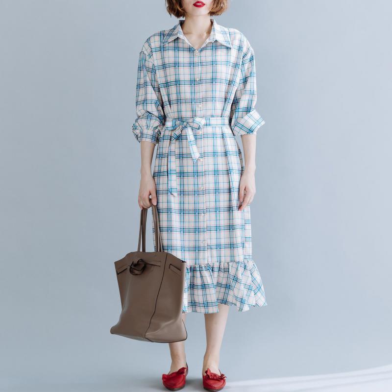 

Johnature Autumn Korean Plaid Turn-down Collar Single Breasted Fishtail Shirt Dress Leisure Fashion Retro Women Dresses 210521, Blue