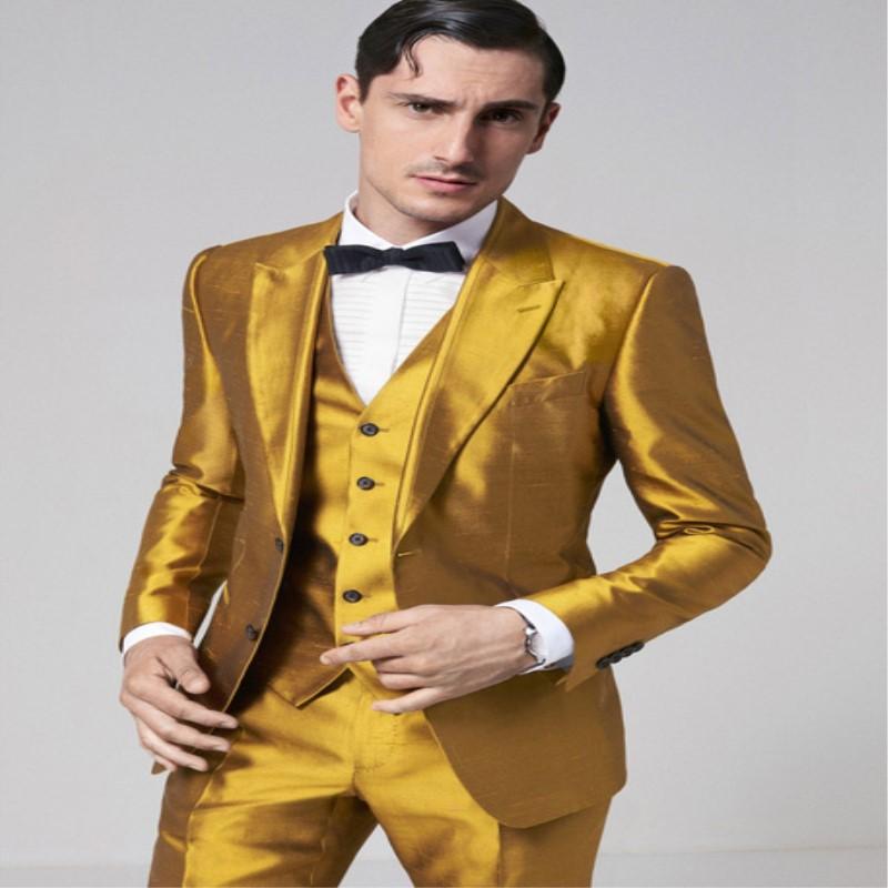 

Men's Suits & Blazers Gold Satin Mens Formal Skinny Stage Blazer Shiny Prom Style Tuxedo Custom 3 Piece Latest Design Jacket Pant Terno, Custom color