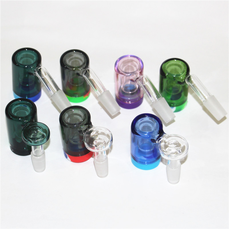

14mm Male colorful Glass Ash Catcher hookah with colors silicone wax container straight silicon bongs water pipe glass bong oil rig for smoking pipes