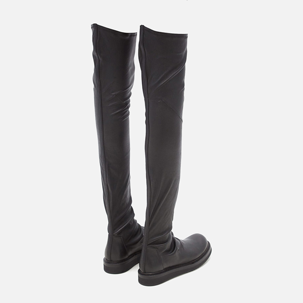 

boots womans over-the-knee flat cow leathe stretch boots round toe high heels winter keep warm solid t v0ky, Black