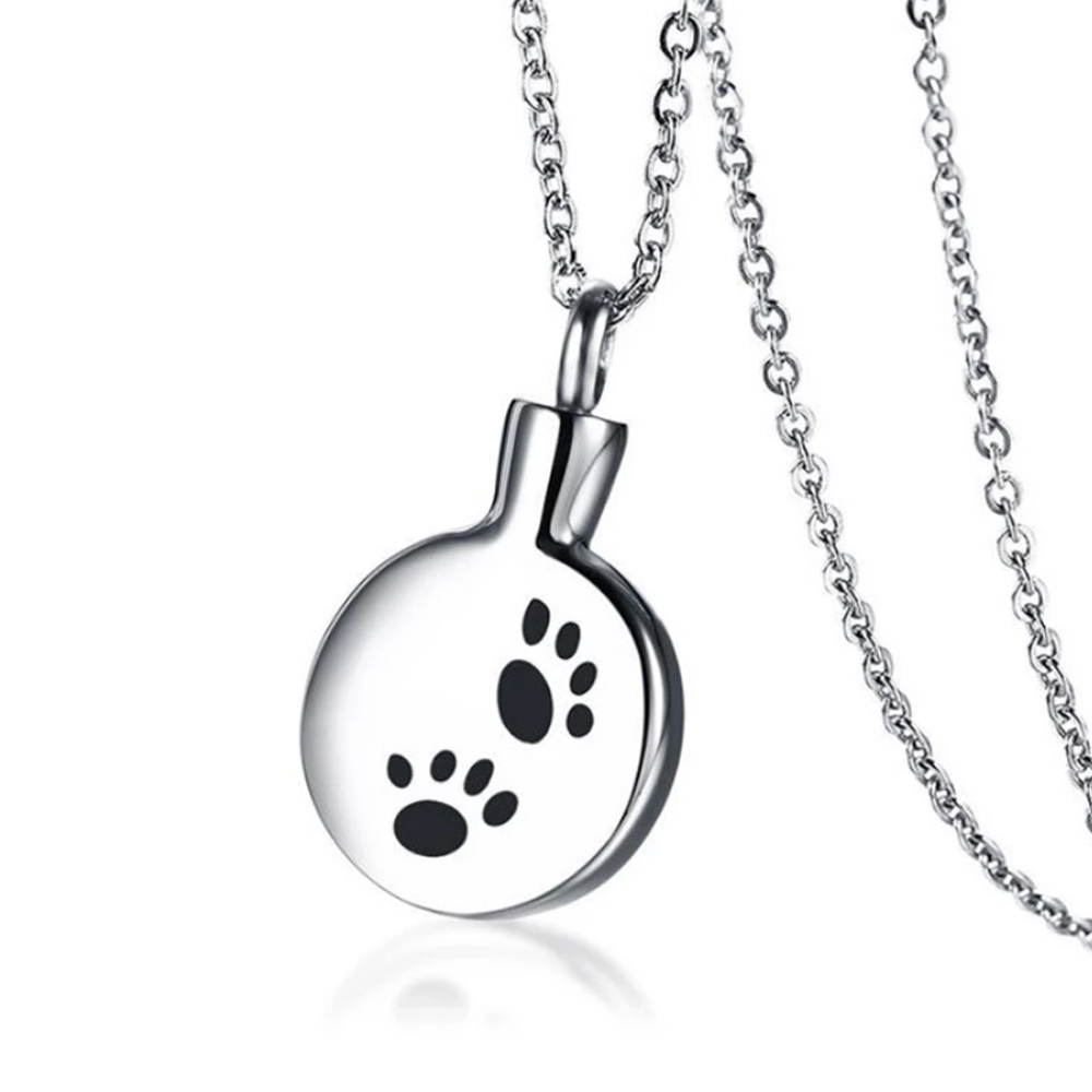 

Stainless Round shape Steel Pet Pendant Dog Paw Print Cremation Jewelry for Ashes Wearable Urn Necklace Keepsake Memorial
