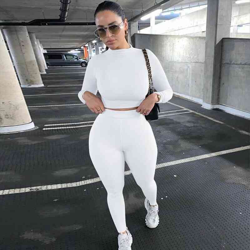 

o neck tracksuit two piece set autumn winter long sleeves crop and long tight 2 piece outfits for, Gray