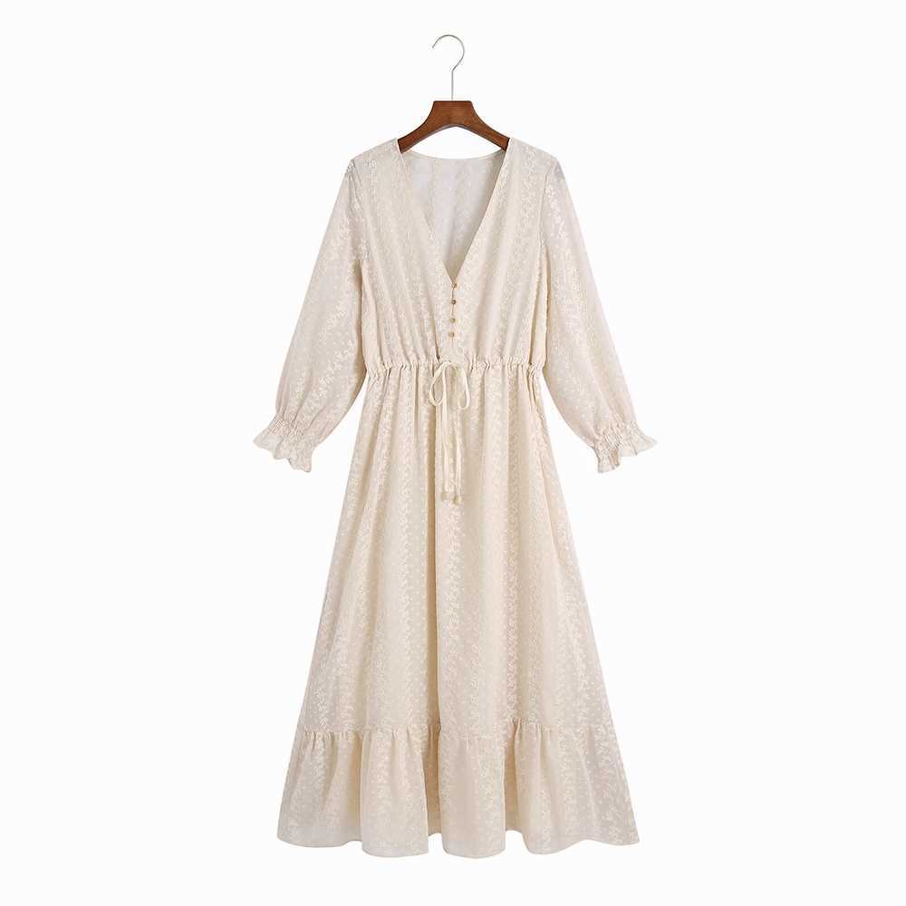 

Women Midi Dress Summer Fashion Modern Lady V-Neck Sundress Feminino Vestidos 210602, Ivory