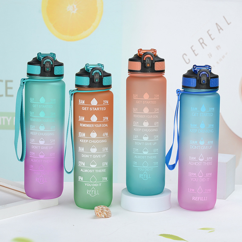 

1L Gradient Colorful Large Capacity Plastic Tumblers Bottles Sports Straw Cup Bounce Lid Outdoor Portable Water Bottle For Men And Women Round Leakproof Cups, Customize
