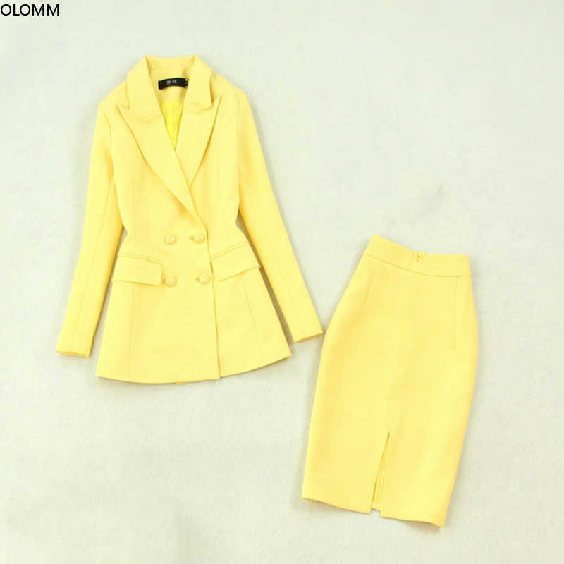 

Women's suits autumn women's large size yellow long section suit jacket slim bag hip high waist half skirt two-piece 210527