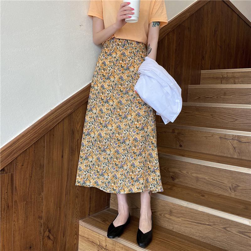 

Skirts Floral Skirt Women High Waist Chiffon Summer Korean-Style Young-Style Sweet Pink Lady Long Female, Red