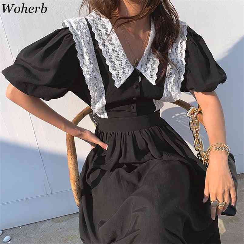 

Elegant Dress Woman Summer Chic Robe Lace Patchwork Maxi Dresses V-neck Puff Sleeve Slim Waist Vintage 95307 210519, White