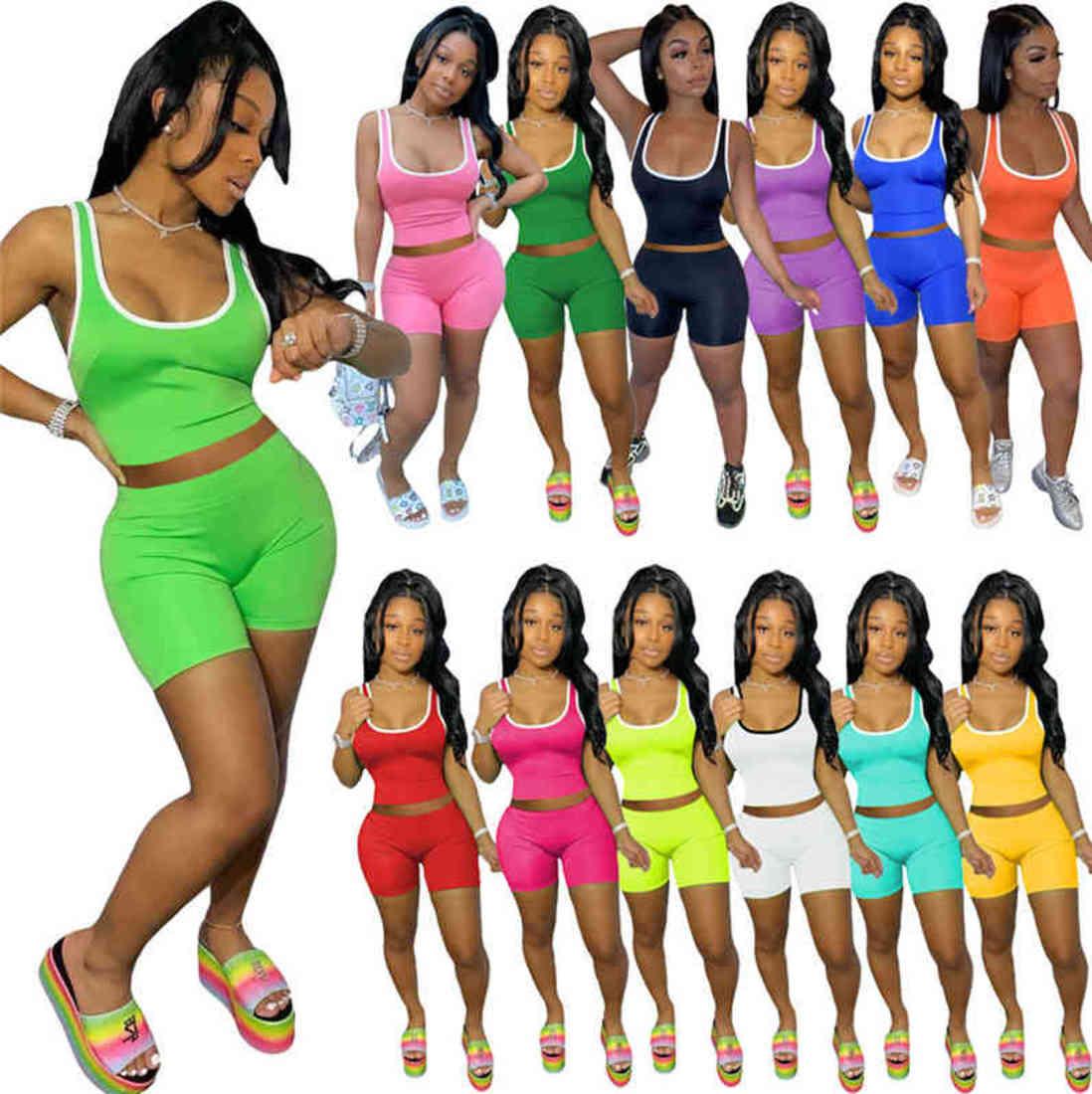 

Summer Womens Two Piece Pants Tracksuits Suit 2 piecess pant Sleeveless tshirt Top + Shorts Fashion Sexy Sports solid color vest short Suits plus size 8295, Orange