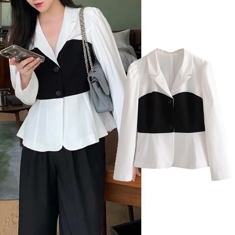 

Women's Down & Parkas Women Autumn winter Black white Patchwork jacket Turn-down Collar Long Coat Lady Streetwear Outwear buttons