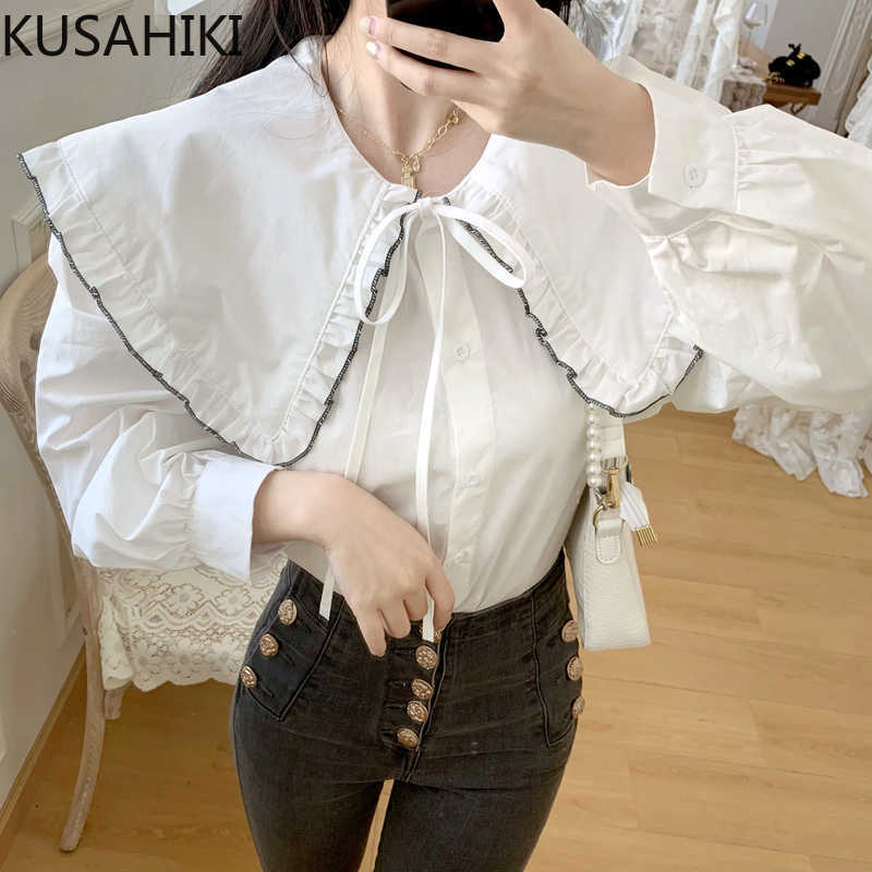 

KUSAHIKI Peter Pan Collar Bow Tie Shirt Sweet Puff Long Sleeve Tops Spring Korean Causal Blouse Femme Blusas 6F327 210602, Black
