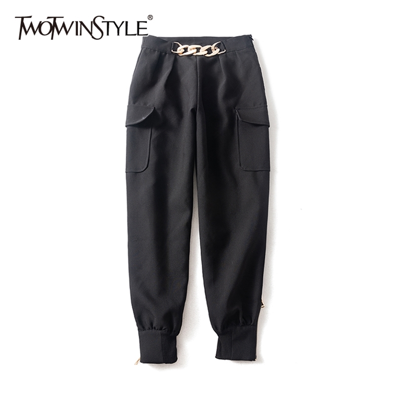 

Casual Cargo Pants For Women High Waist Patchwork Chain Large Size Loose Trousers Female Autumn Fashion 210521, Black