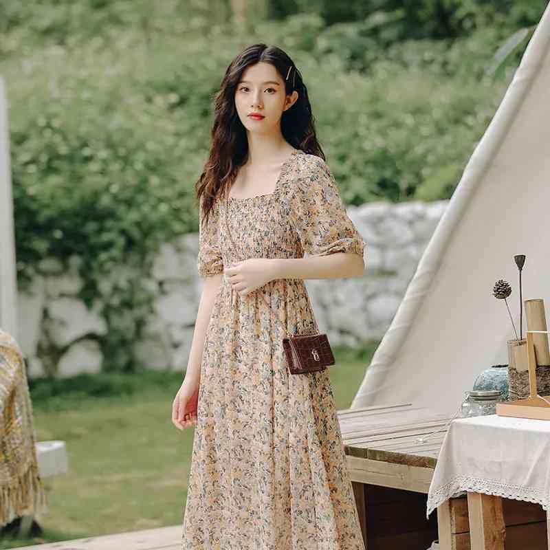 

Chic Korean Style Casual Half Puff Sleeve Women Floral Dress Square Collar Elasticity Summer Maxi Chiffon Female Robe 210521, Random colir