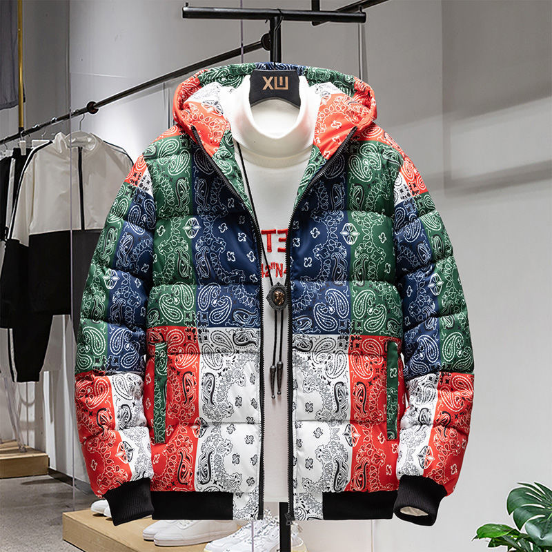 

Winter Down Jackets Coat Parka Bandana Paisley Pattern Harajuku Hip Hop Hooded Jackets for Men Outwear Windbreaker Streetwear, Colour
