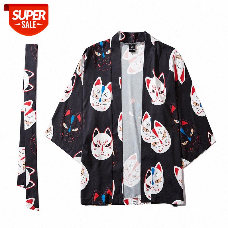 

Japanese Xiaoqing Lucky Cat Road Robe Prajna Mask Kimono Jacket #gG8d, White;black