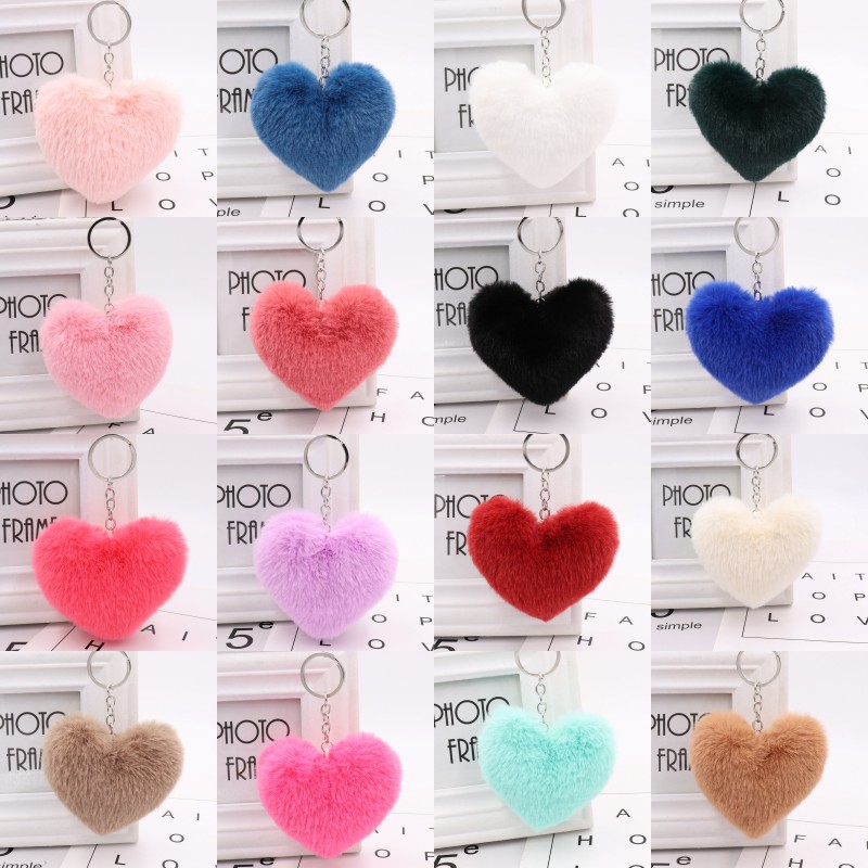 

Party Favor Keyrings Heart Keychain Alloy Key Ring Fluffy Fur Ball Keychains Women Bag Cell Phone Car Charm Pendant