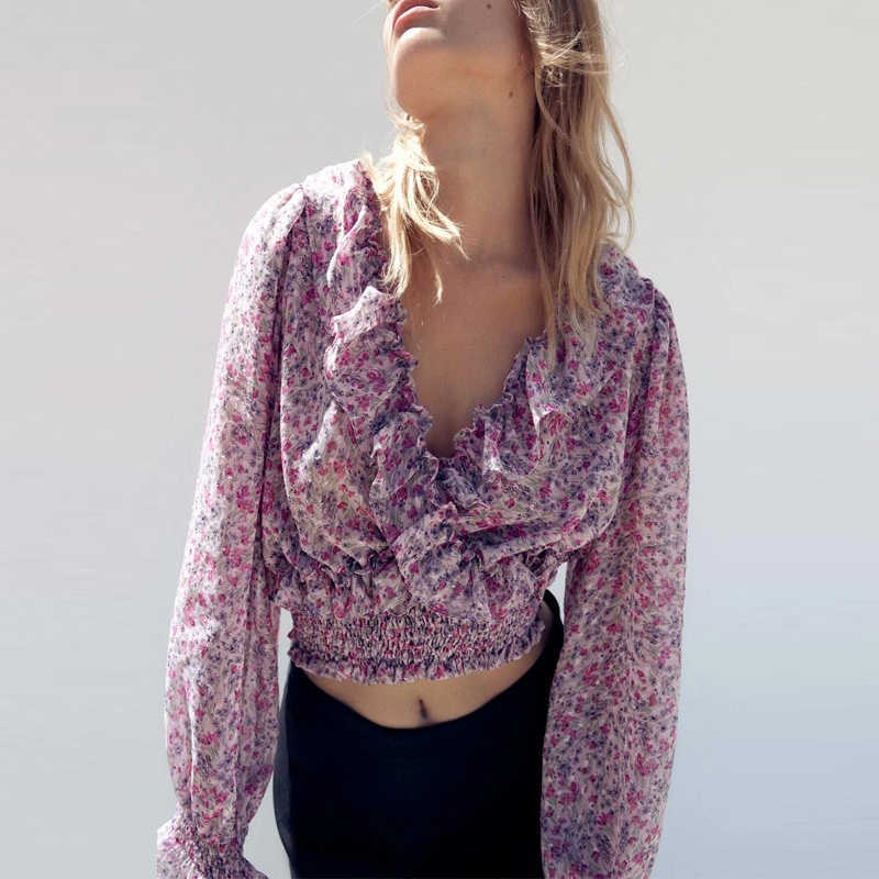 

Za Woman Floral Long Sleeve Short Top Women Elegant V-neck Ruffle Print Cropped Blouse Chic Smocked Elastic Female Shirts 210602, Purple