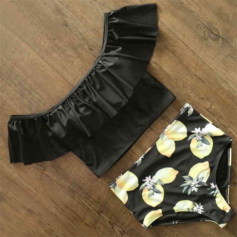 

High Waist Bikini Print Swimwear Women Swimsuit Flounce Shoulder strap mujer Bathing Suit Floral Beach Wear Biquini 210629, Ndl19073d2