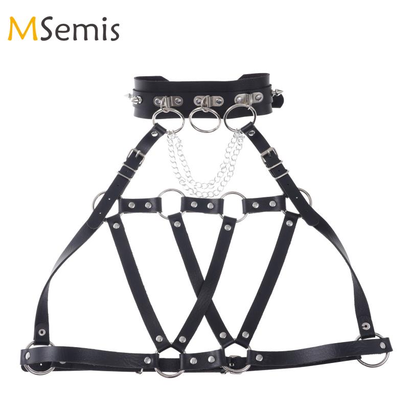 

Bras Sets Fashion Punk PU Leather Chest Belt Adjustable Shoulder Straps With Metal Chains Bra Tops Sexy Gothic Rivets O-ring Harness, Type c black