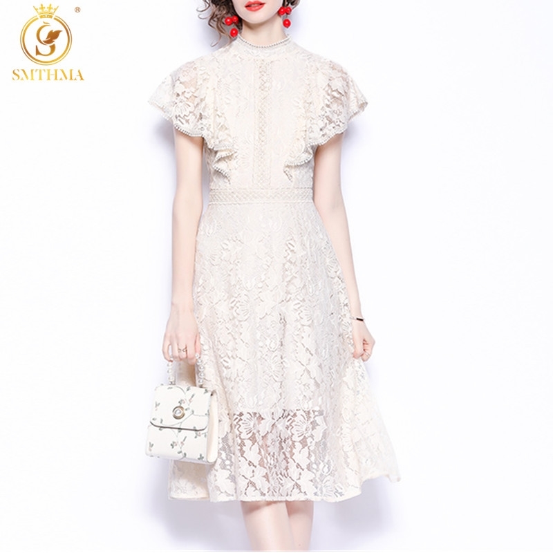 

Arrival Elegant Lace Hollow Out Design Slim Stand Colla Dress Robe Women High Waist Solid Party Dresses Vestidos 210520, Picture color
