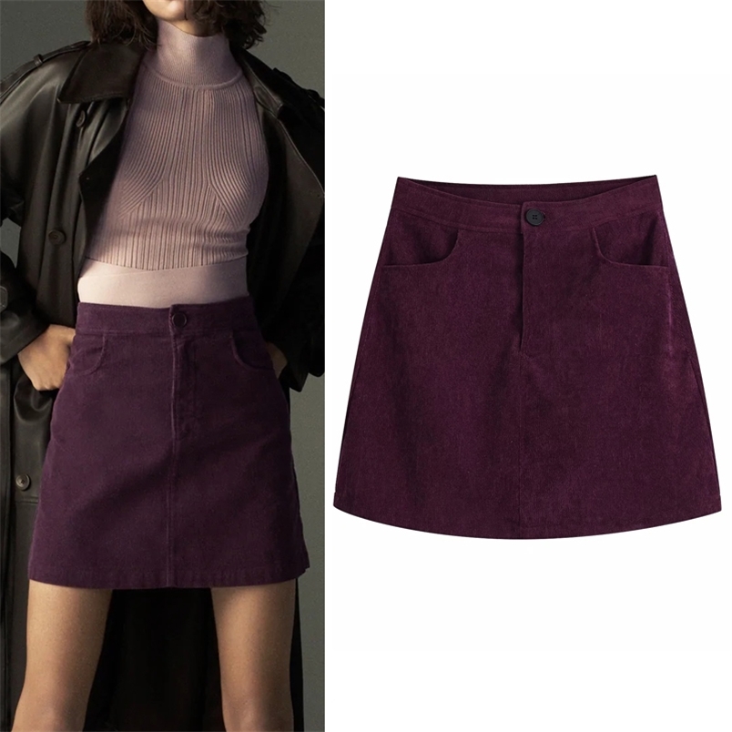 

Corduroy Mini Skirt Women Vintage Patch Pockets Winter High Waist Woman A Line Zip Fly Casual Ladies s 210519, Burgundy