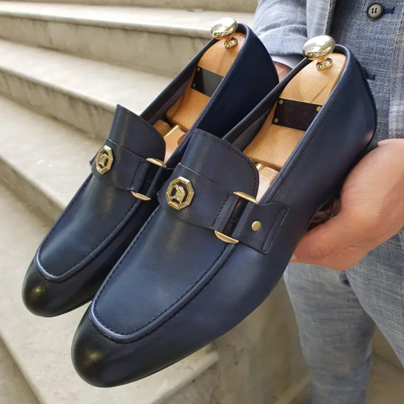 

Men Fashion Business Dress Shoes PU Leather European American Style Metal Buckle Decoration Low Heel Flat Bottom Round Head Comfortable Pedal Lefu HG020, Clear
