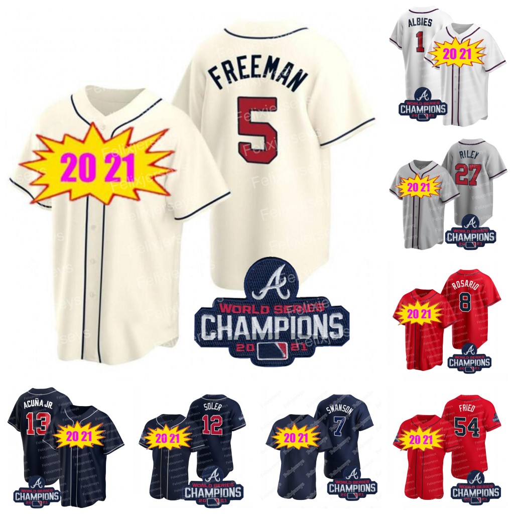 

5 Freddie Freeman 2021 World Series Champions Jersey Jorge Soler Austin Riley Dansby Swanson Eddie Rosario Ozzie Albies Max Fried Adam Duvall Marcell Ozuna Acuna Jr., Grey cool base