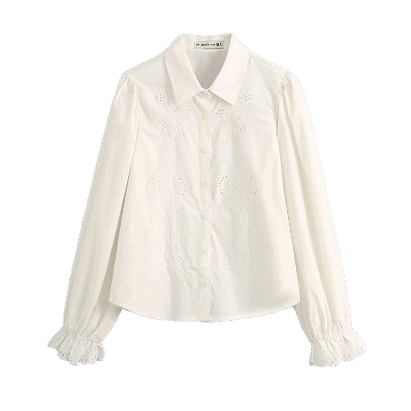 

Women Fashion Embroidery Hollow Out Ruffles Blouses Vintage Long Petal Sleeves Shirts Girls Chic Tops 210520, As picture