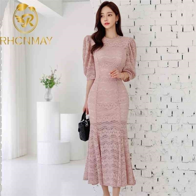 

Summer Elegant Hollow Out Pink Lace Long Formal Party Dress Half Sleeve O neck Slim Trumpet Mermaid 210520