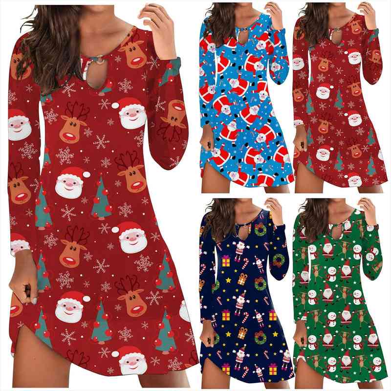 

casual printed cartoon christmas autumn women dresses winter print loose long sleeve round neck tunic ve, Black;gray