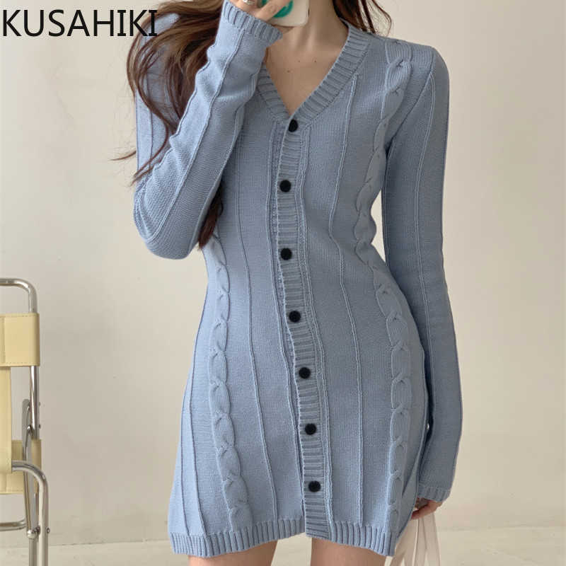 

Korean V-neck Knitted Dresses Spring Women Sweater Dress Single Breasted Long Sleeve Slim Waist Vestido 6E536 210603, Blue