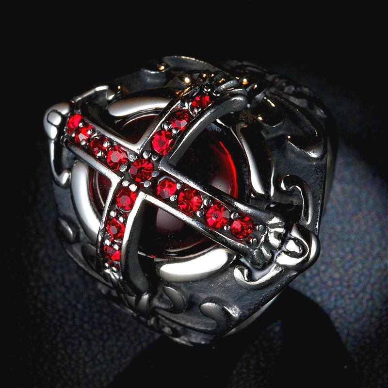 

Wedding Rings Punk Mens Ring Cross Red Zircon Retro Gold For Men Women Gothic Jewelry