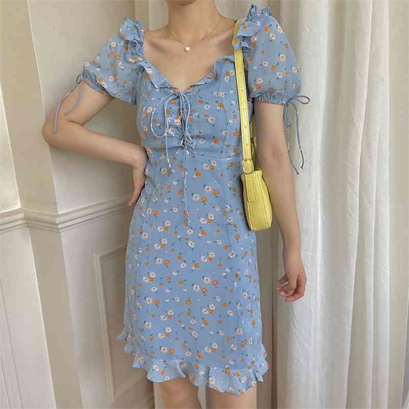 

Floral Print Dress Women Elegant Puff Sleeves Party Casual Sexy Korean Japan Style Kawaii Summer Mini 210519, Blue