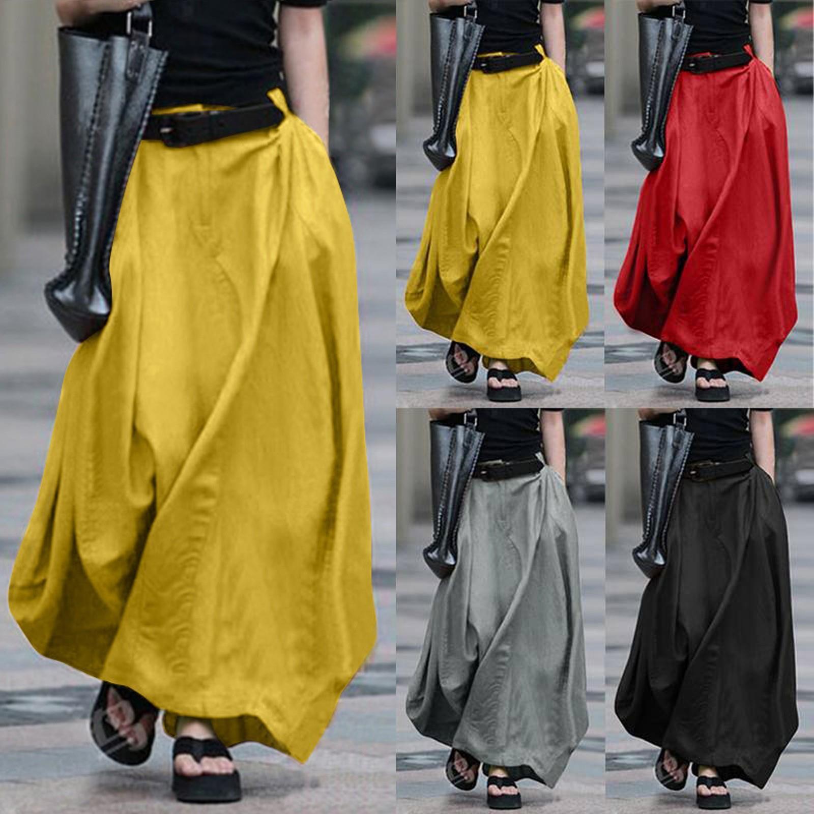 

long fashion casual loose women skirt solid elastic band zipper pocket, Black