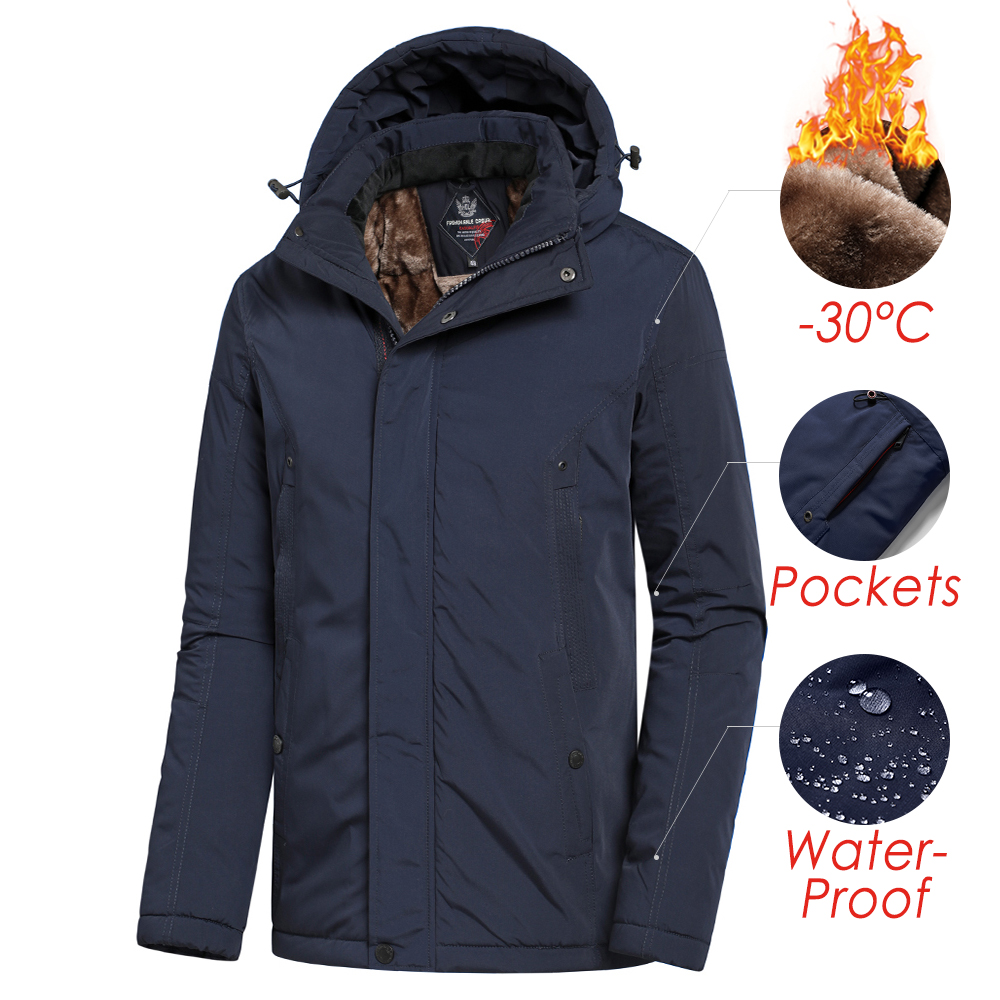 

Men Winter Casual Long Thick Fleece Hooded Waterproof Parkas Jacket Coat Men Outwear Fashion Pockets Parka Jacket 46-58, Blue